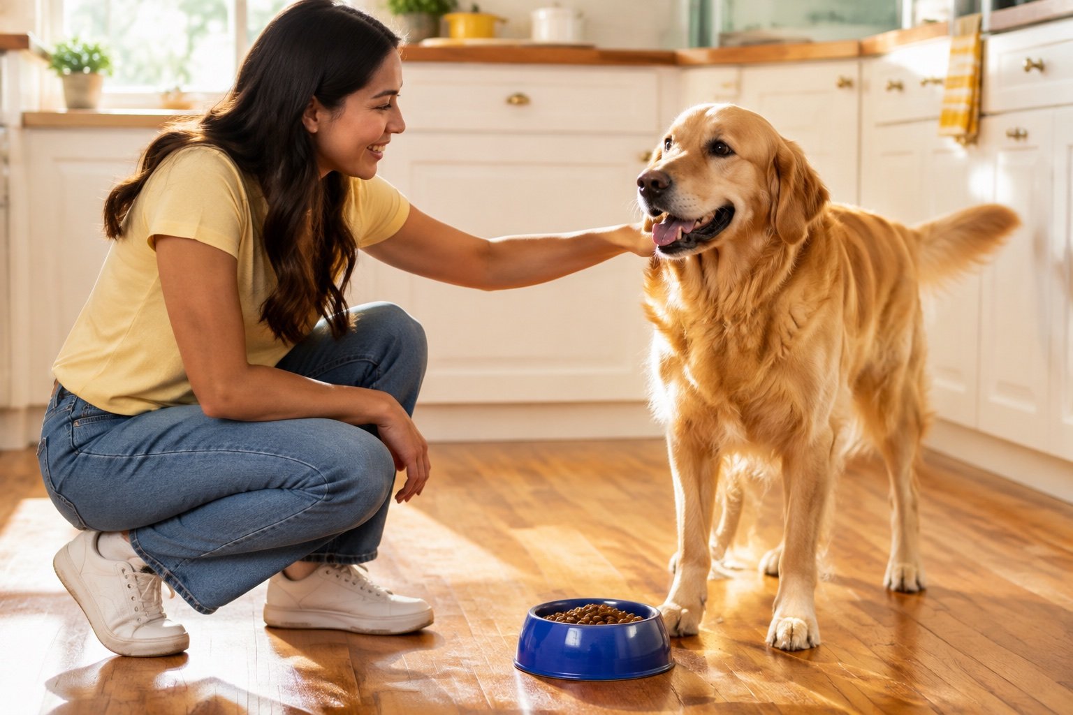 A golden retriever enjoying mealtime with its person