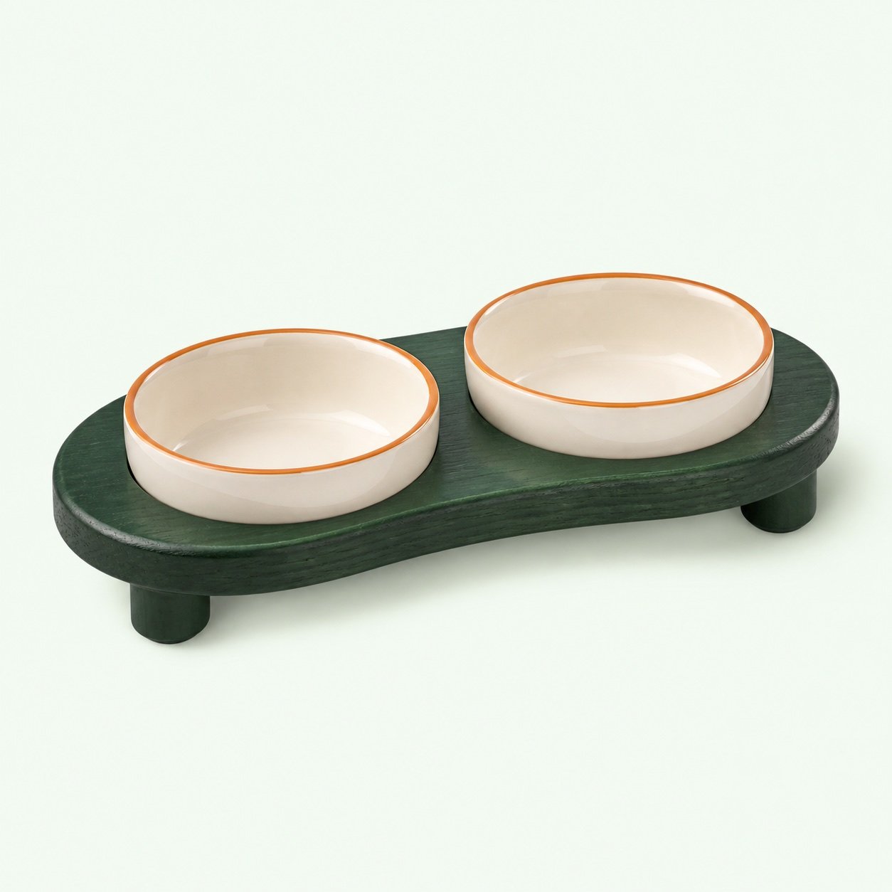 Two ceramic pet bowls on a wooden stand