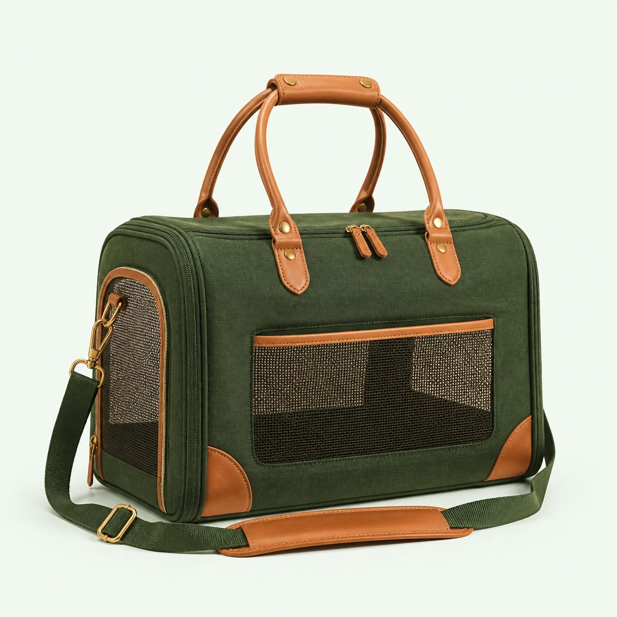 Structured green pet travel carrier